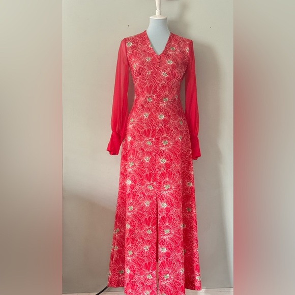 VINTAGE handmade maxi dress red floral formal - Picture 1 of 8